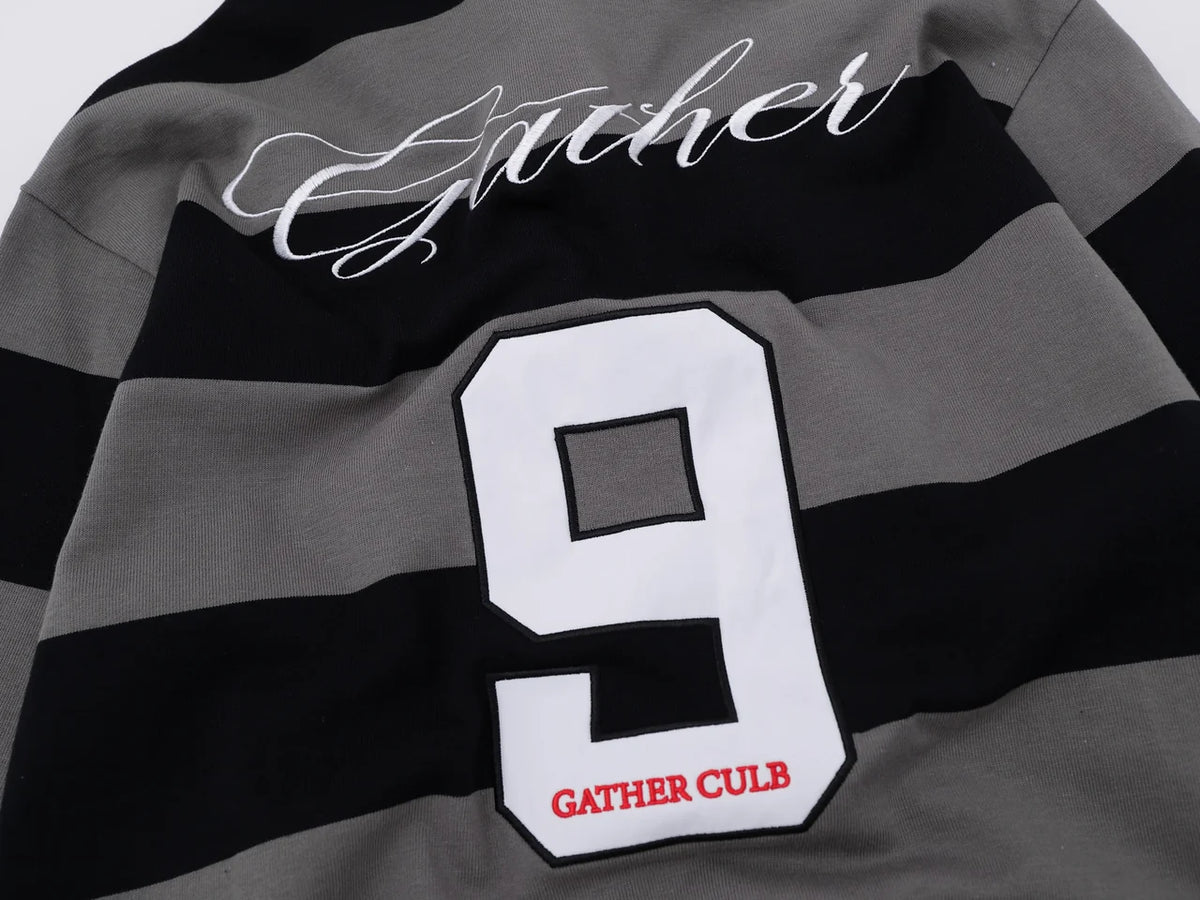 "NINE" Striped Graphic Polo Sweatshirt
